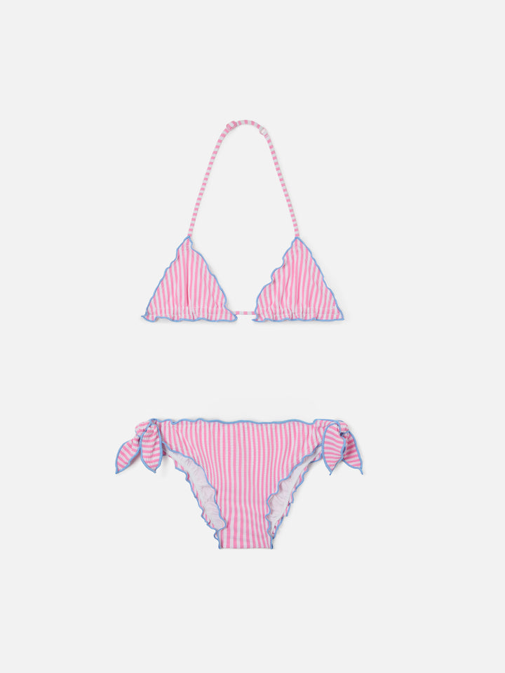 Cris white and pink seersucker striped bikini with ruffled edges