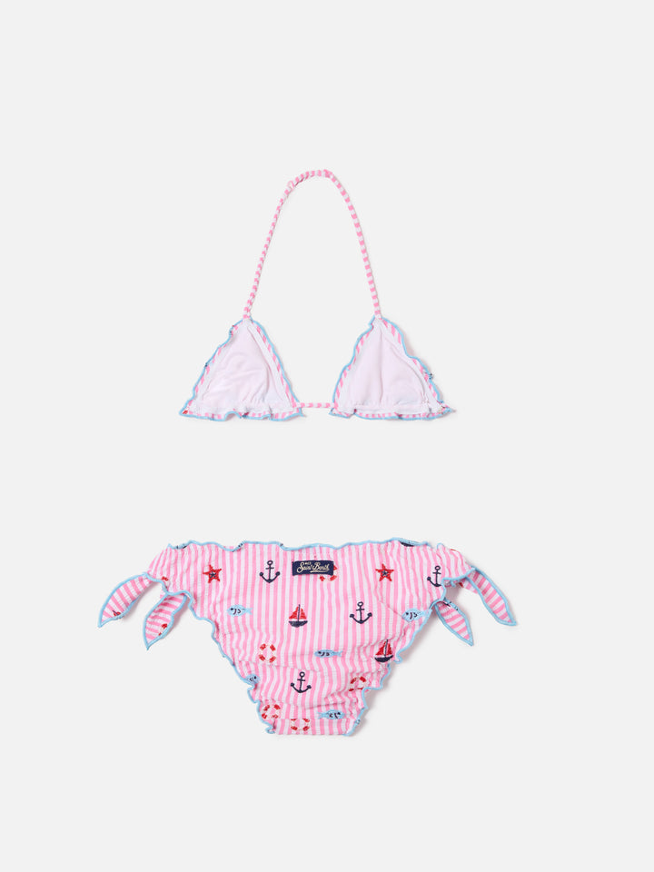Cris pink and light blue seersucker striped bikini with embroidered details