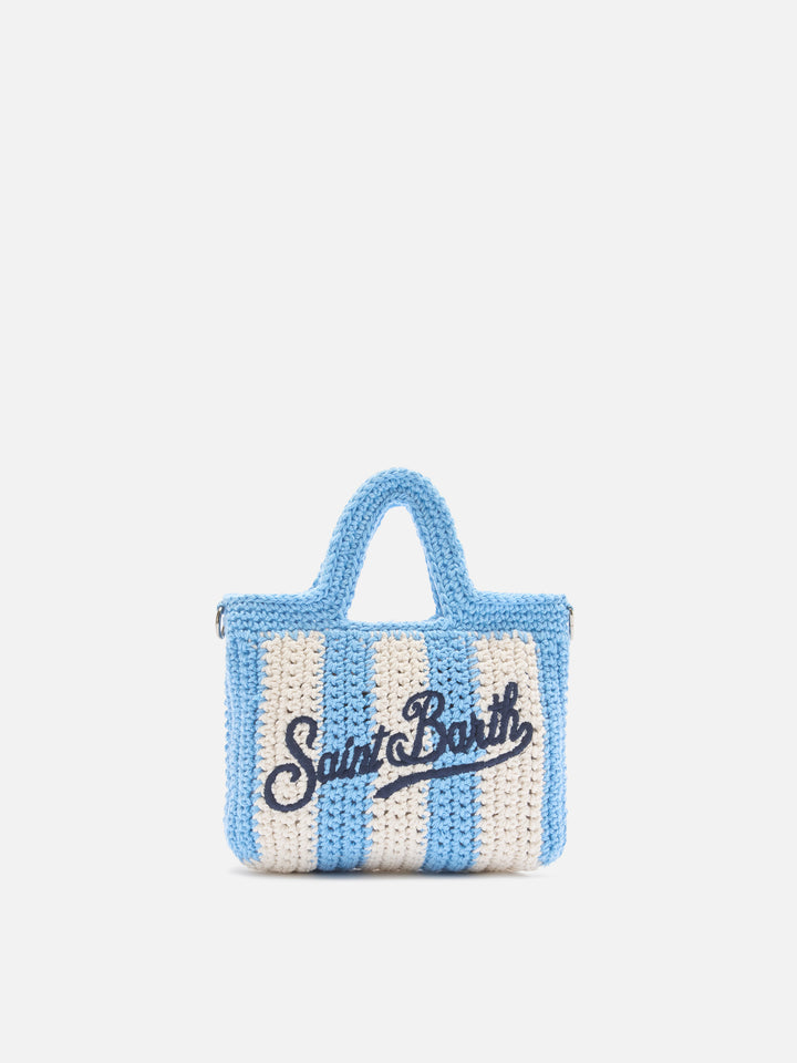 Crochet Mini bag with light blue striped pattern and embroidered logo