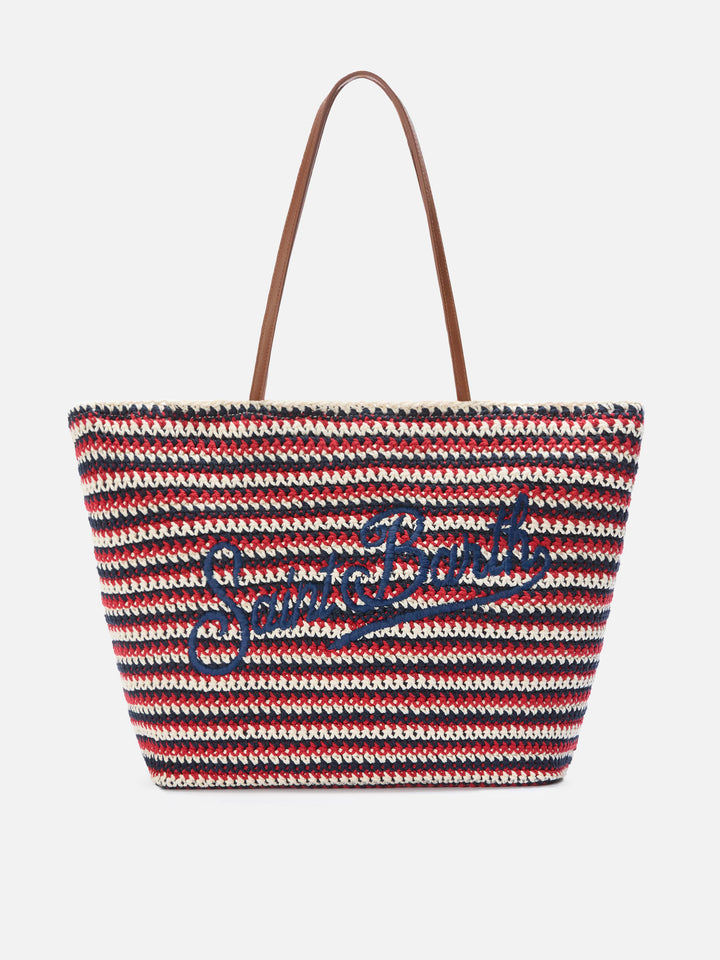 Crochet Tote bag in blue and red stripes with embroidered logo