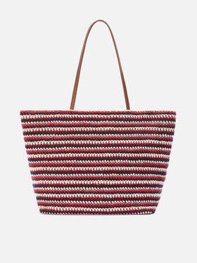 Crochet Tote bag in blue and red stripes with embroidered logo