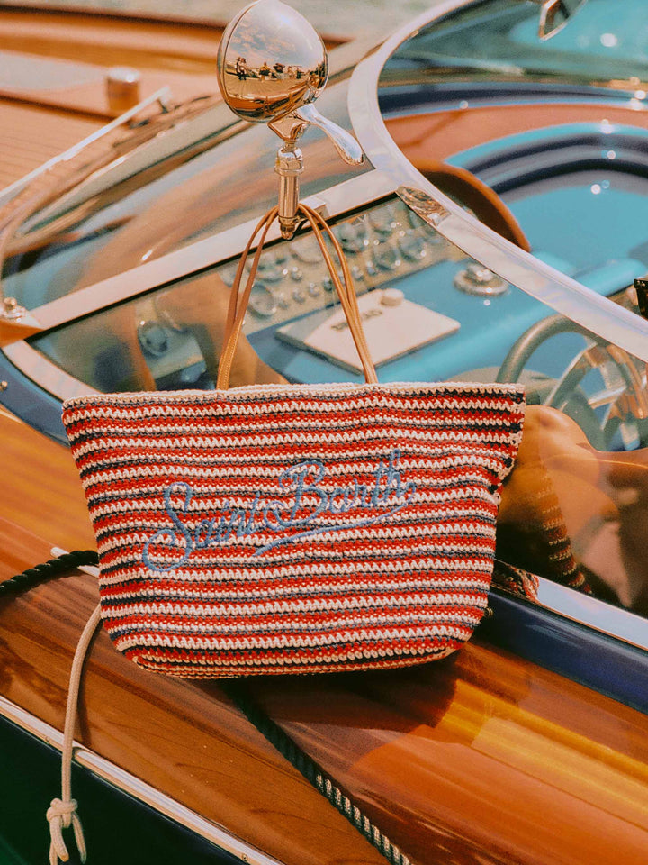 Borsa Tote Crochet a righe blu e rosse con logo ricamato