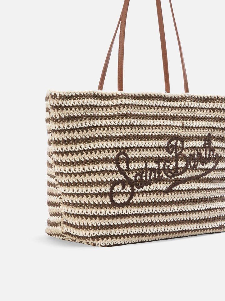 Crochet Tote bag in beige and brown stripes with embroidered logo