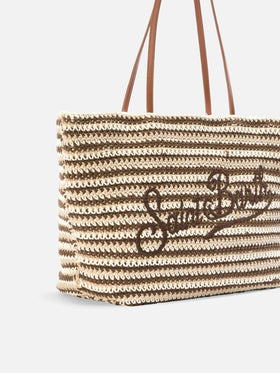 Crochet Tote bag in beige and brown stripes with embroidered logo