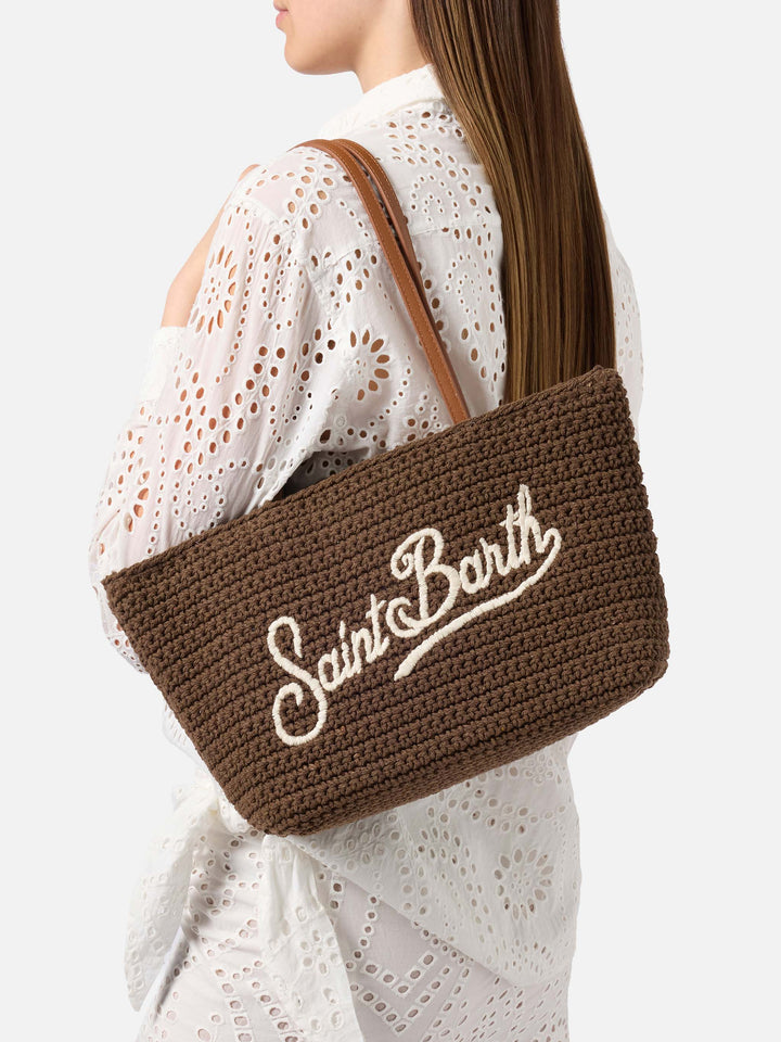 Crochet Tote medium brown bag with embroidered logo
