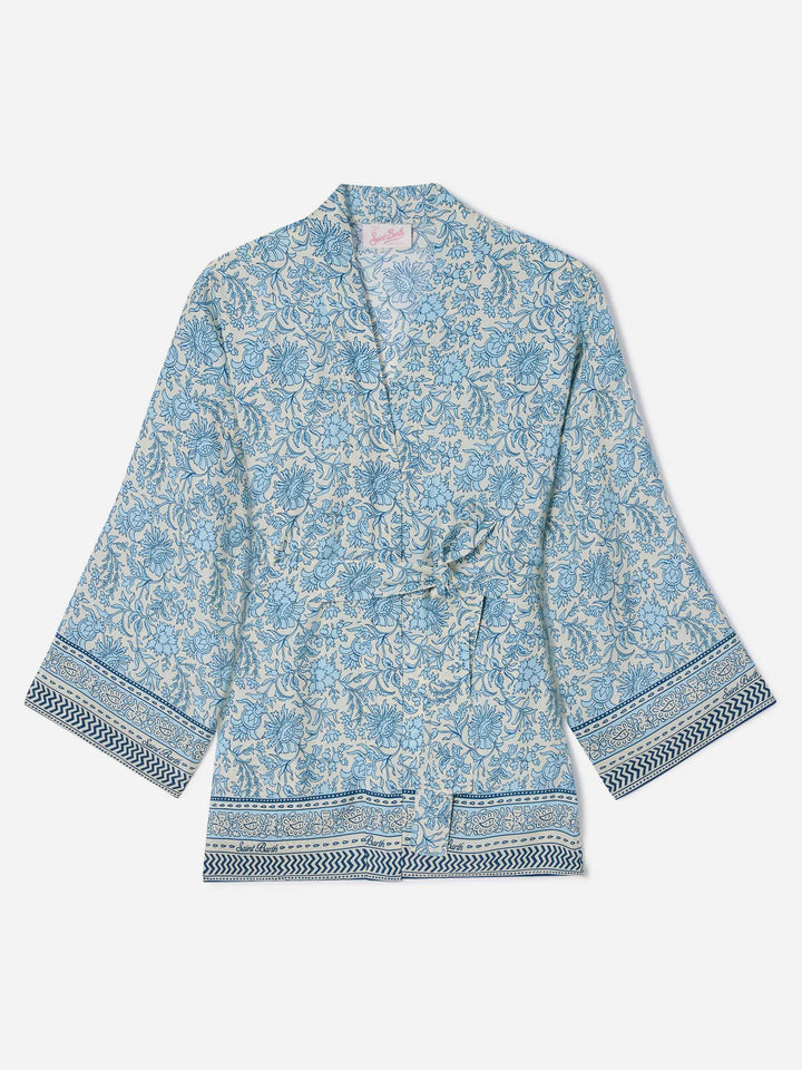 Short Carly kimono in silk with floral batik print