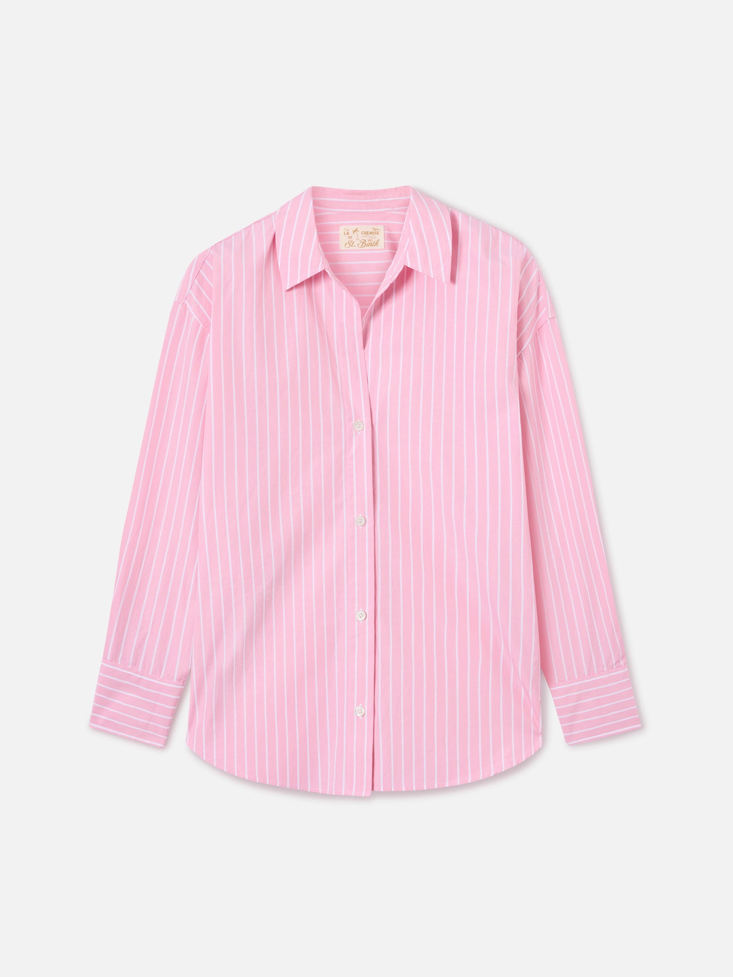 Camicia Cristal in cotone a righe rosa con ricamo Après St. Barth