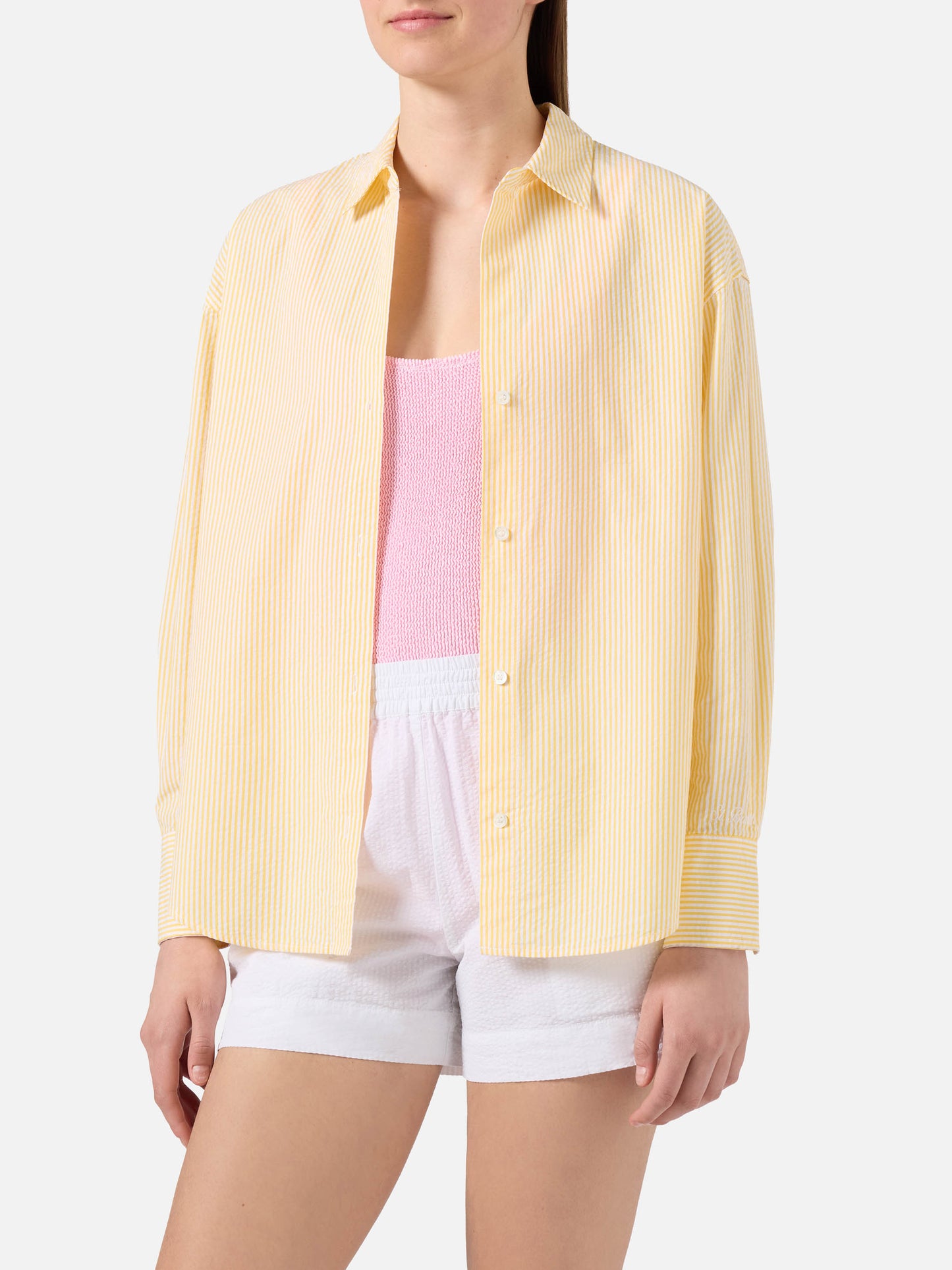 Yellow striped seersucker Cristal shirt with Weekend Mood embroidery