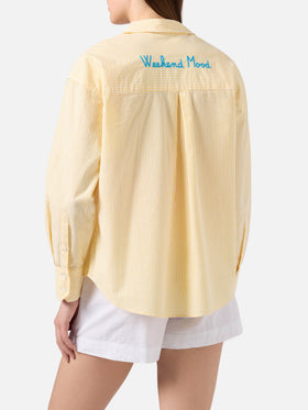Yellow striped seersucker Cristal shirt with Weekend Mood embroidery