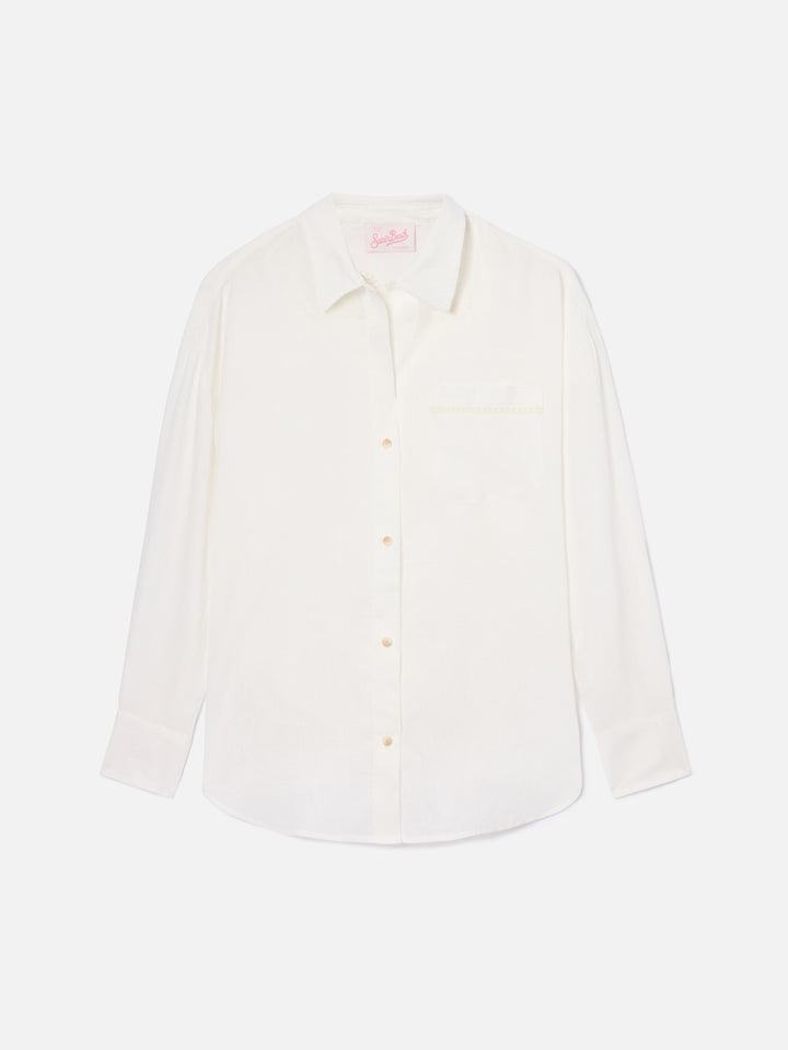 White linen Cristal shirt with perforated Saint Barth embroidery