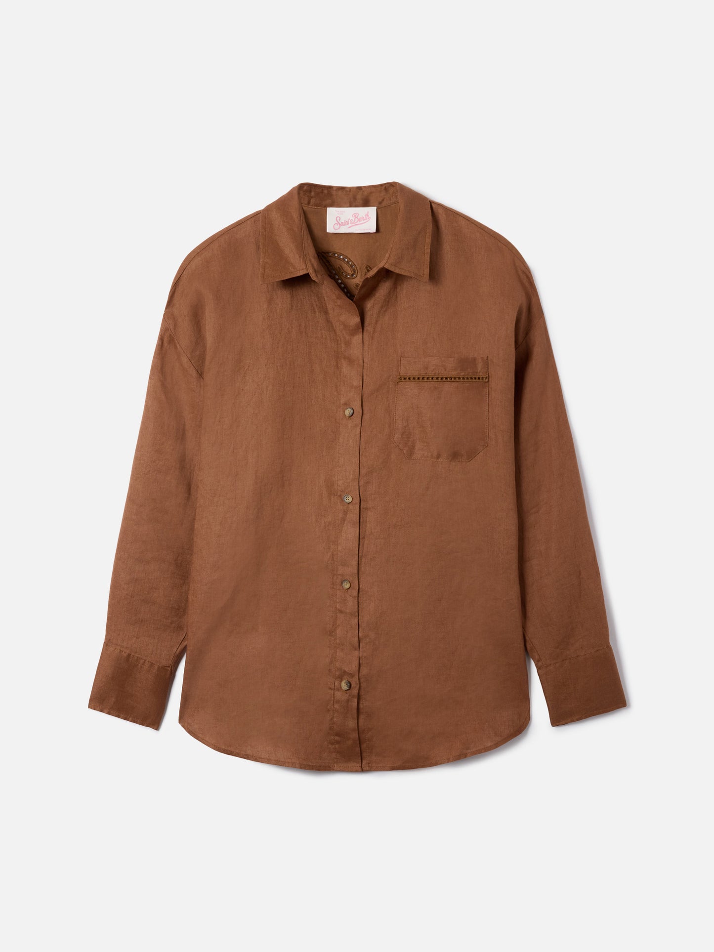 Camicia Cristal in lino marrone con ricamo Saint Barth traforato