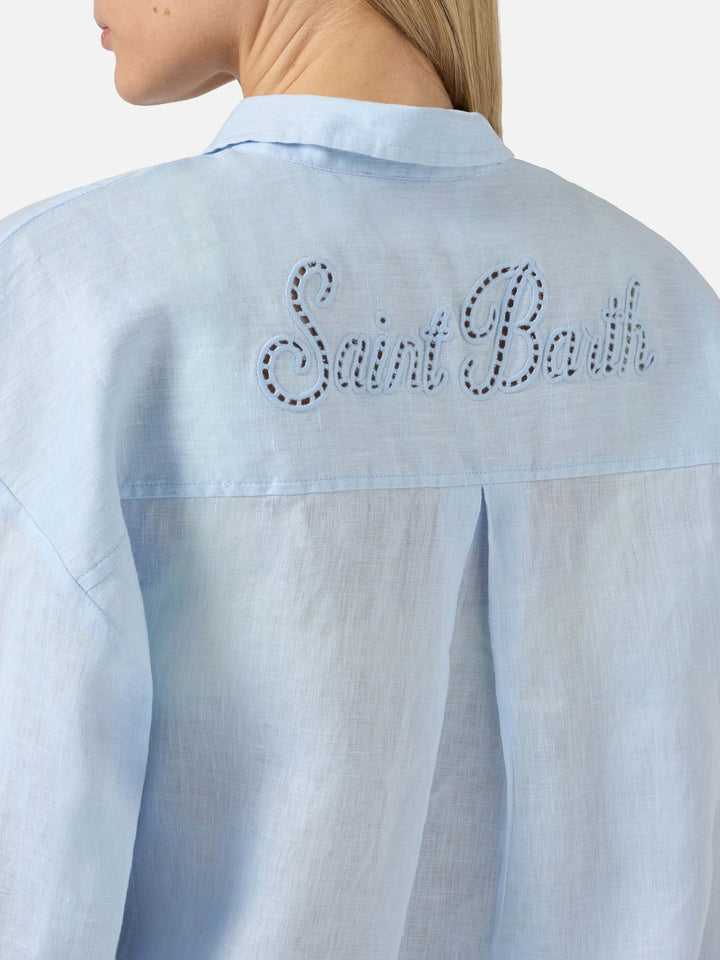 Light blue linen Cristal shirt with perforated Saint Barth embroidery