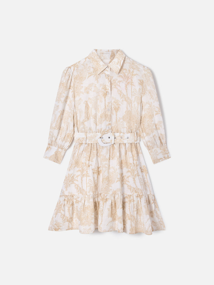 Vestido de lino Daisi toile de jouy en beige 