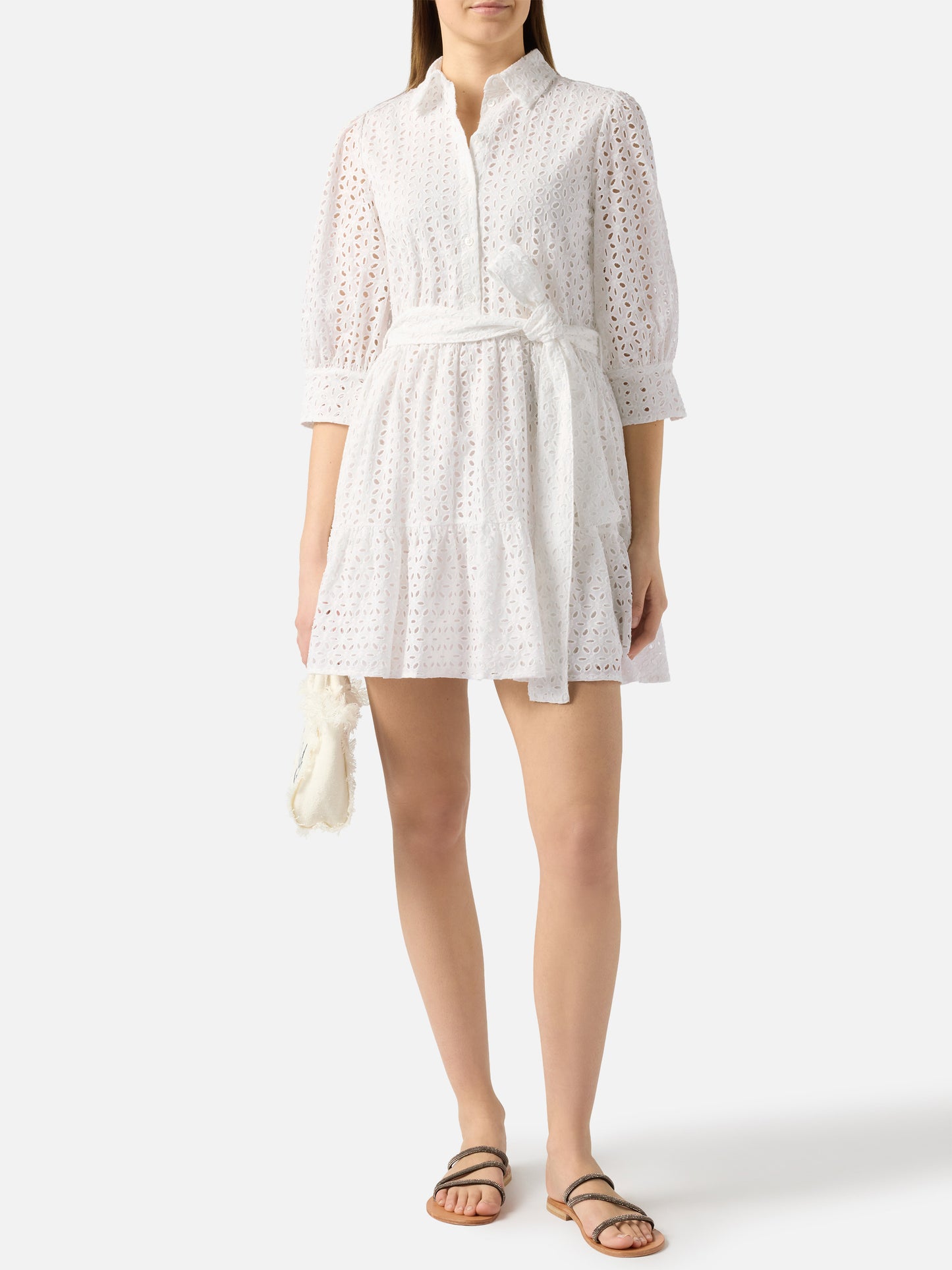 White cotton short dress Daisi with embroideries