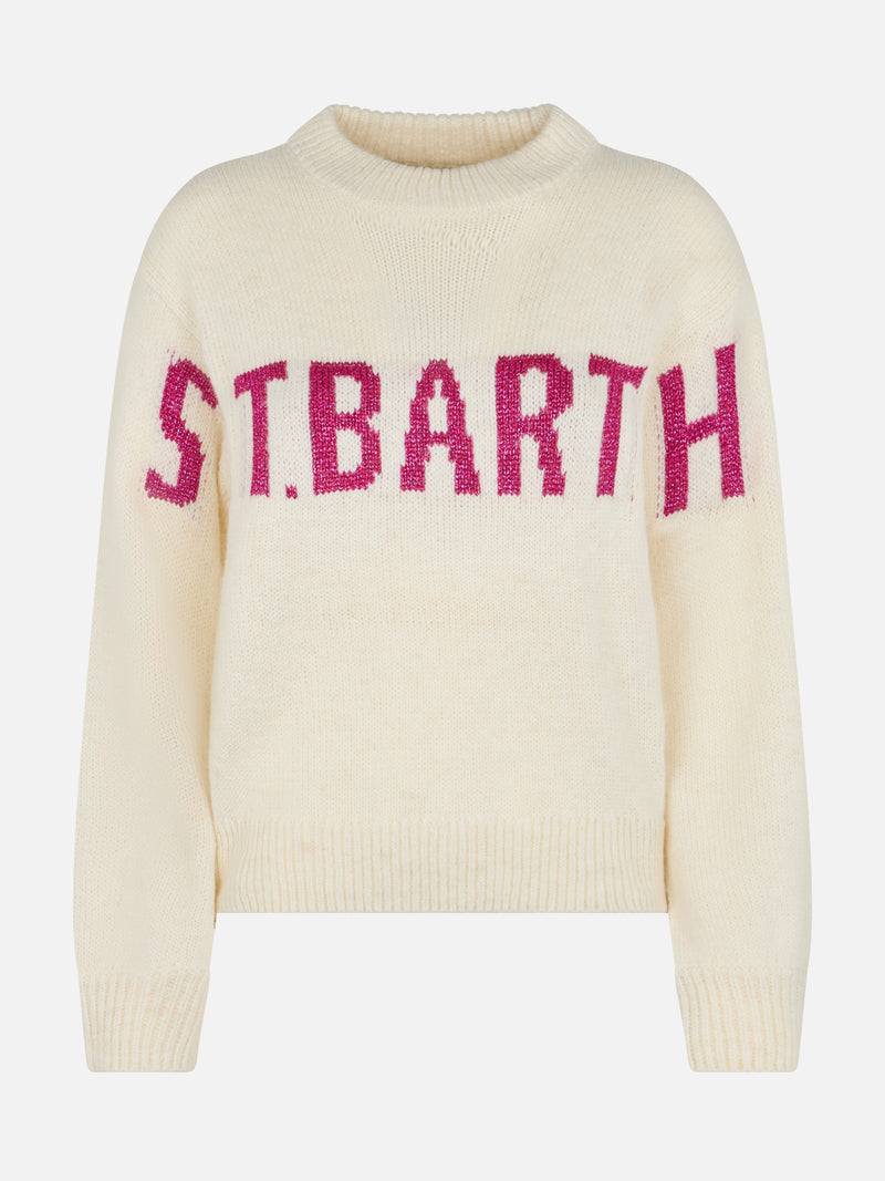 Woman white sweater Danya with St. Barth print