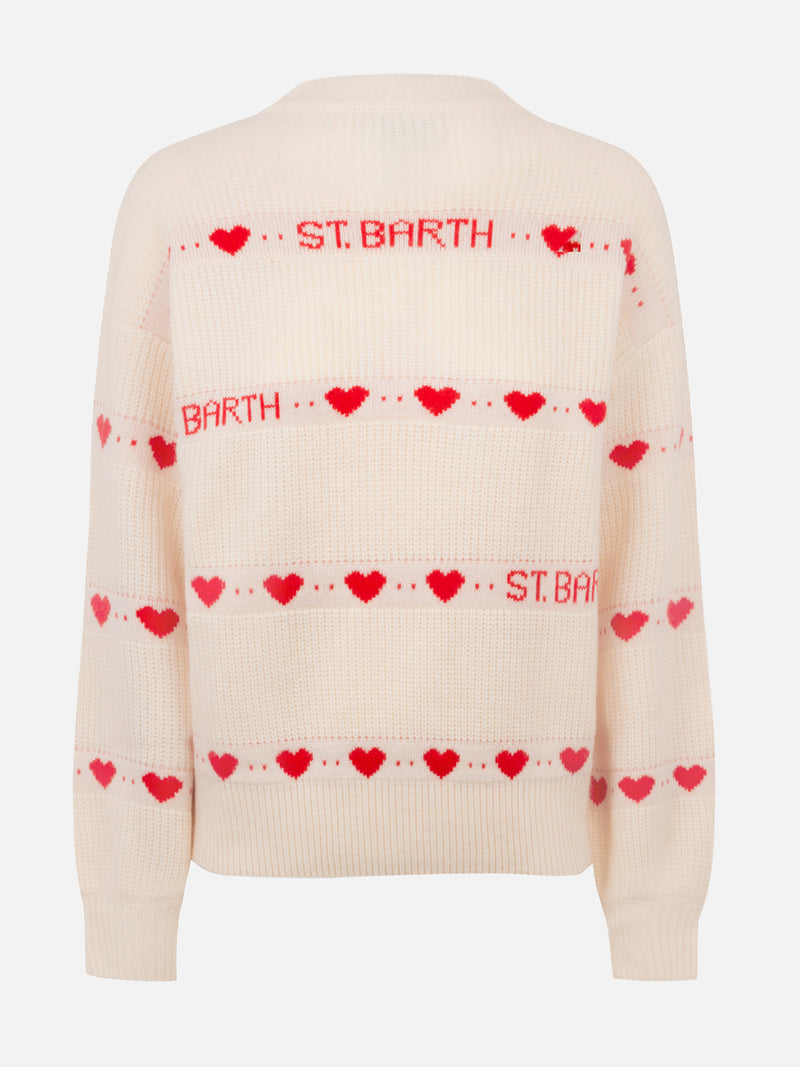 Woman white ribbed sweater Danya with heart print