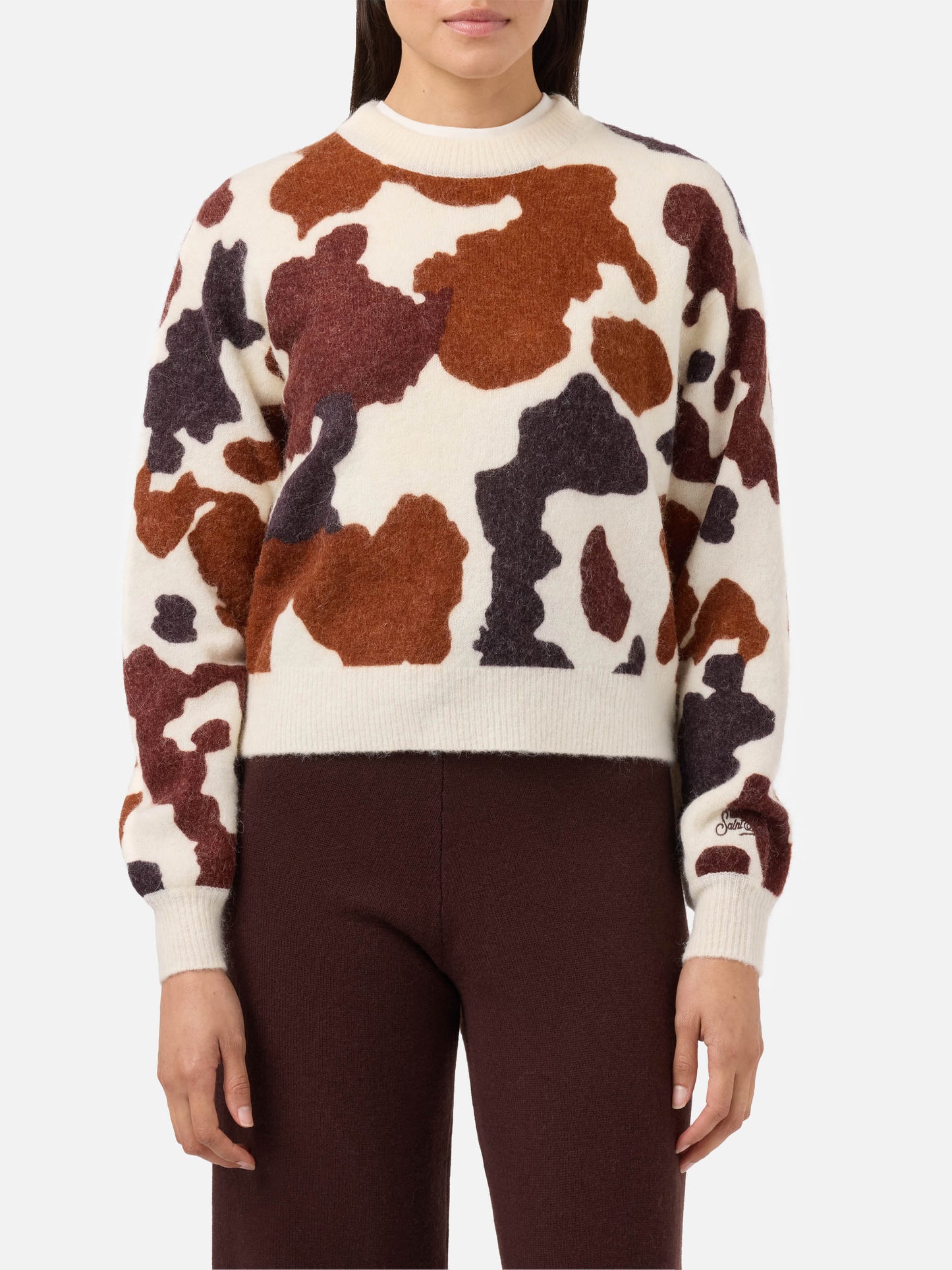 Maglione Danya in misto lana merino e alpaca stretch con stampa muccata