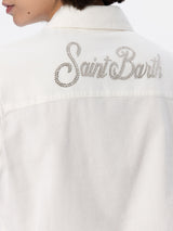 Camicia da donna in velluto a coste bianco sporco Deer con logo in strass St. Barth