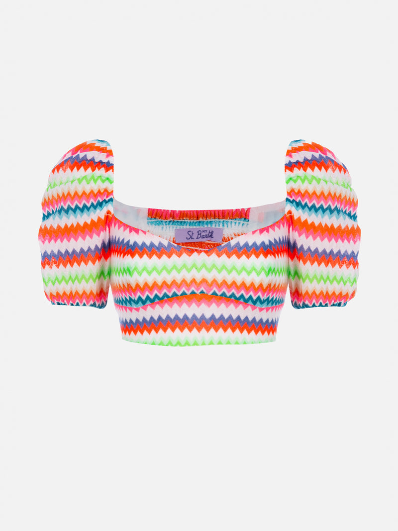 Woman raschel knit cropped top