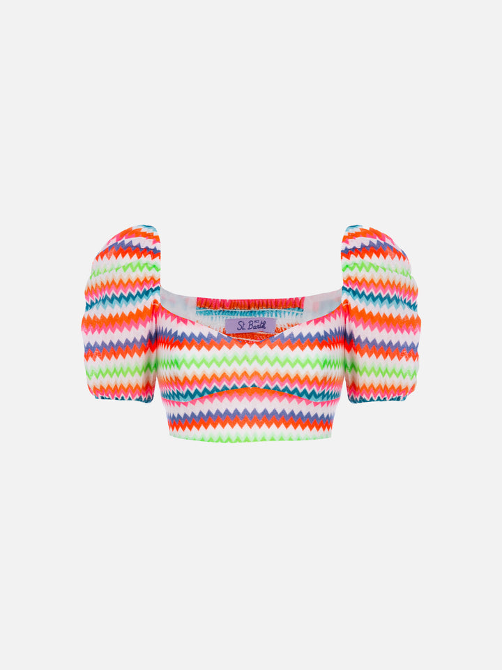 Top crop Delia in raschel con fantasia chevron fluo