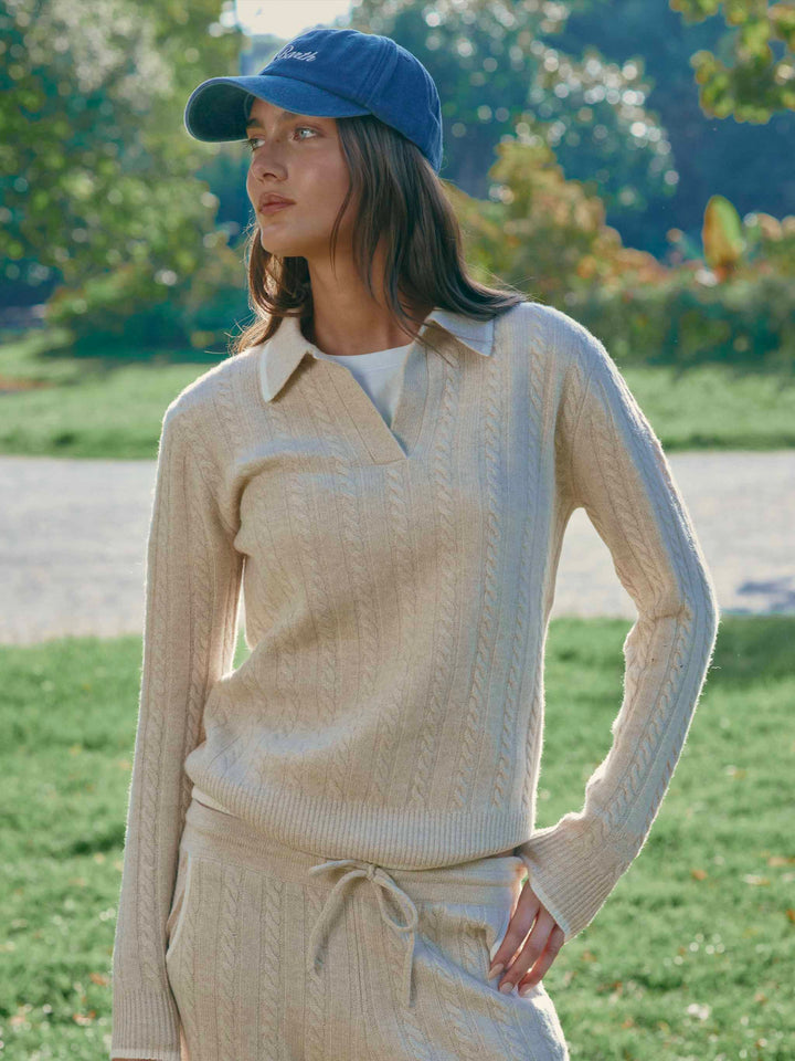 Maglia Clichy beige in lana con collo polo e punto pointelle