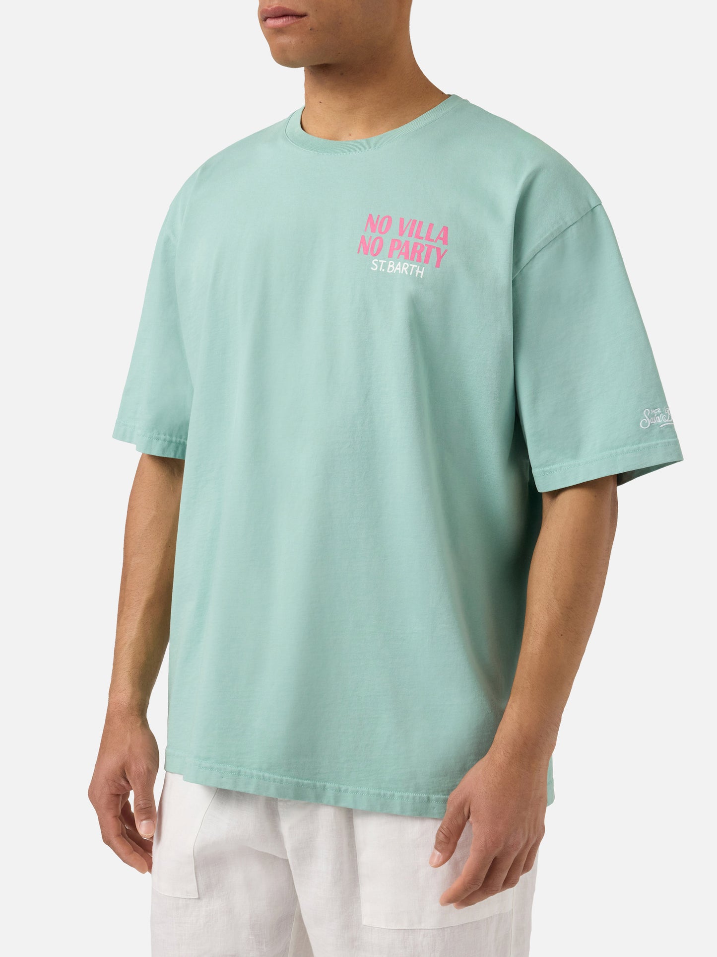 T-shirt Delmar verde con stampa No Villa No Party e maxi grafica sul retro