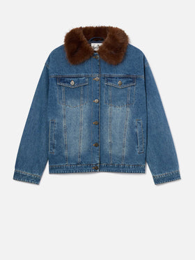 Blue Dailys Baumwoll-Denimjacke mit Kunstfellkragen 