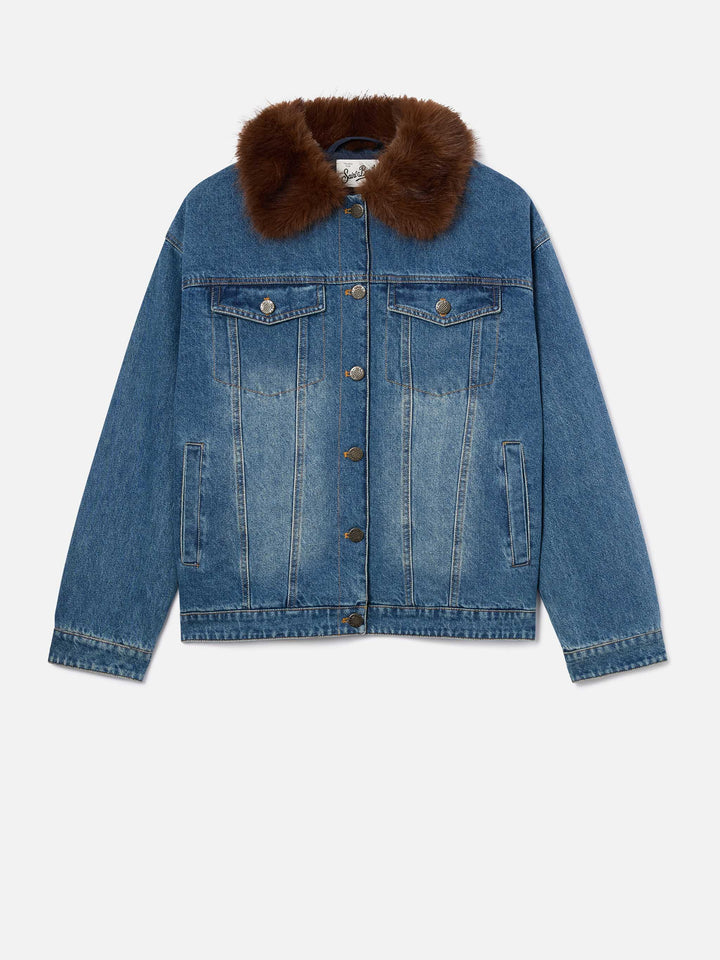 Blue Veste en denim de coton Dailys avec col en fausse fourrure 