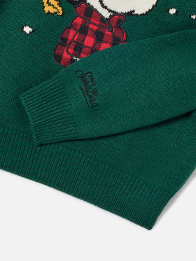 Maglia girocollo Douglas verde con patch Snoopy e ricamo Winter Mood | Special edition