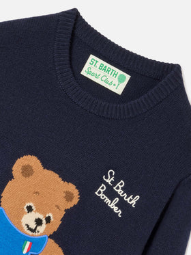 Pull en maille ras-du-cou Navy blue Douglas avec patch ourson 