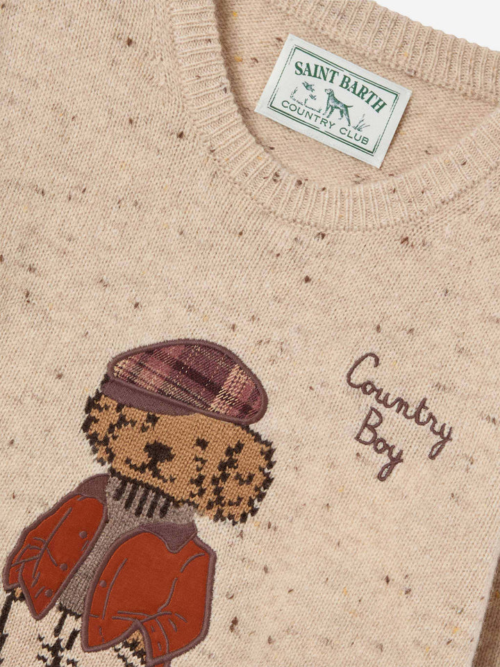 Cream Douglas wool blend Donegal knit crewneck with teddy bear patch and Country Boy embroidery