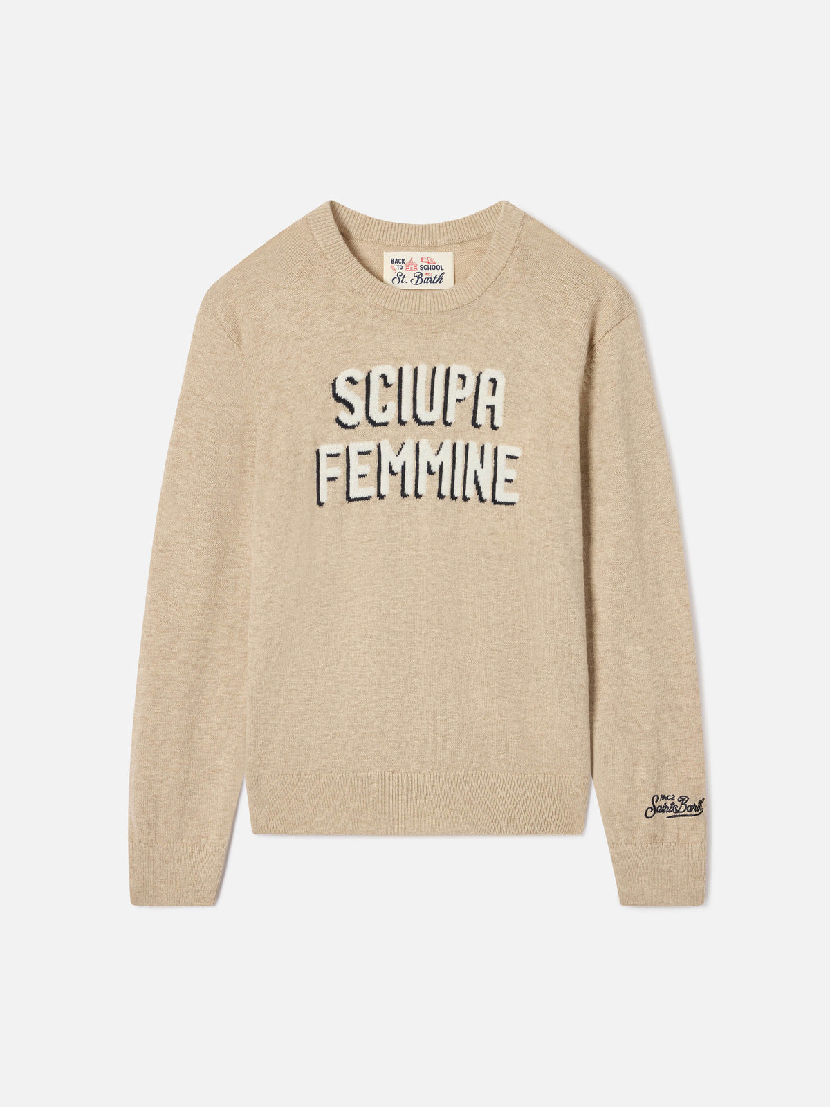 Pull ras-du-cou en mélange de coton et laine vierge beige Douglas avec intarsia Sciupa Femmine 
