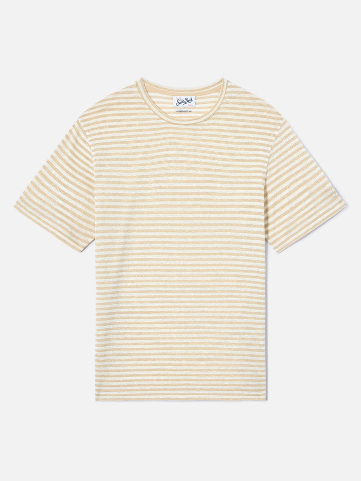 Beige striped Dover cotton t-shirt with logo embroidery