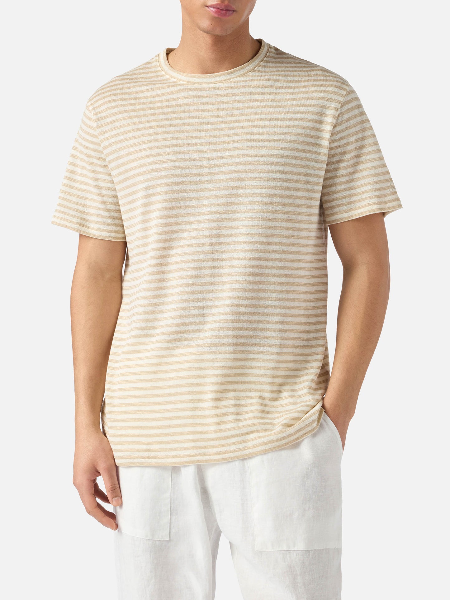 Beige striped Dover cotton t-shirt with logo embroidery