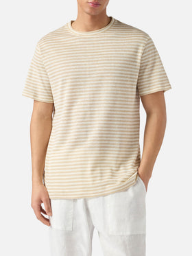 Beige striped Dover cotton t-shirt with logo embroidery