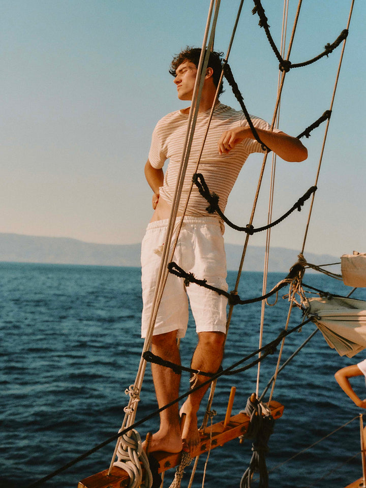 T-shirt Dover in cotone a righe beige con ricamo logo