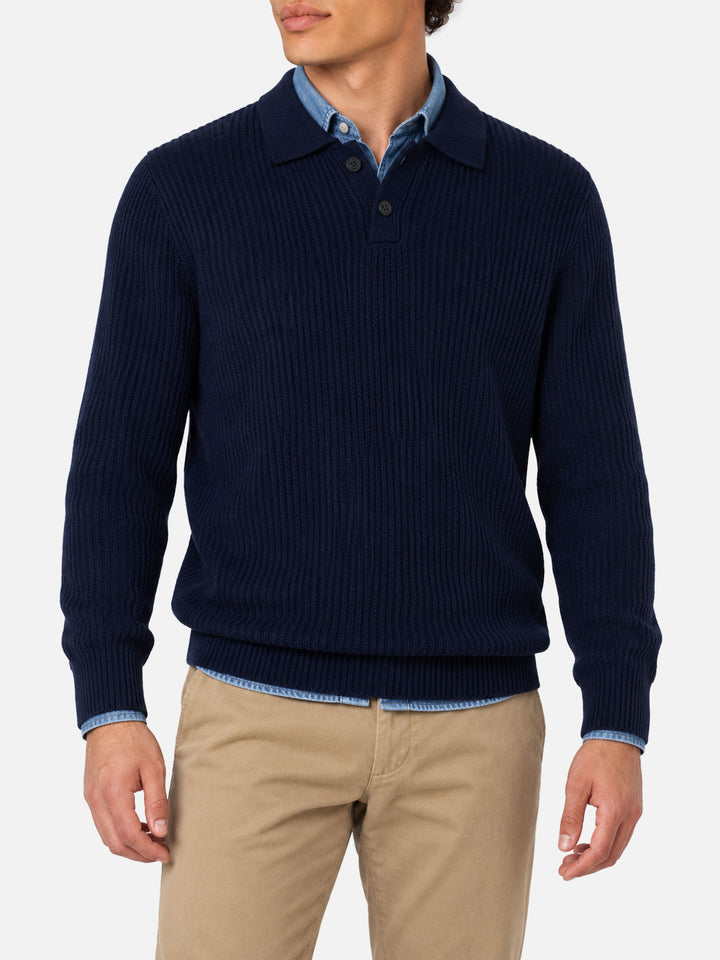 Jersey acanalado azul marino Downing en BLENDED CASHMERE con cuello abotonado 