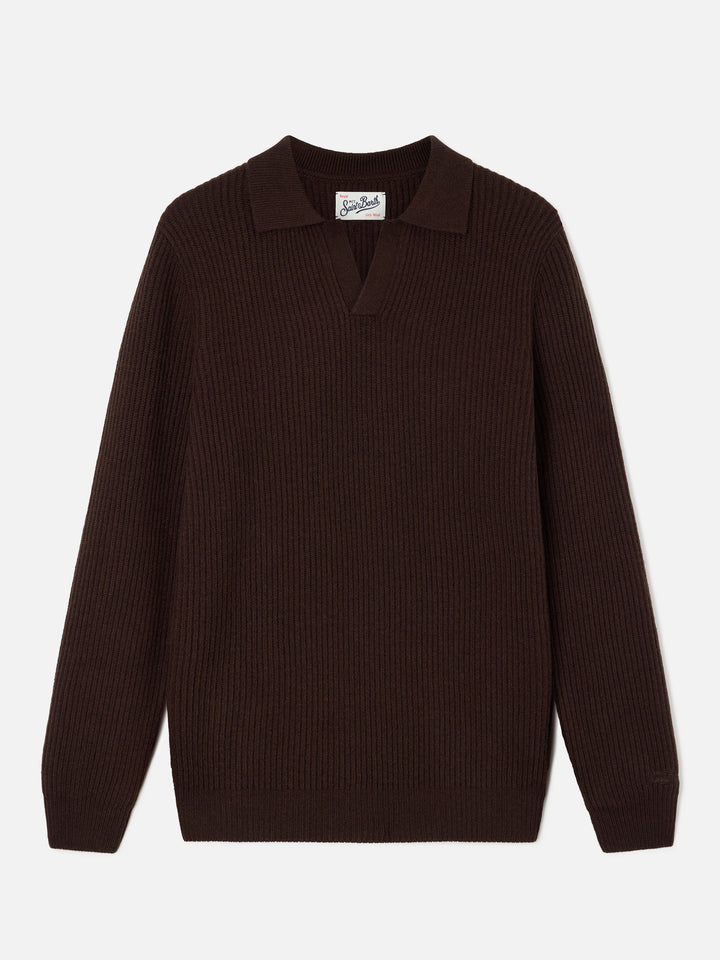Braunes geripptes Poloshirt aus Downing-Wolle 