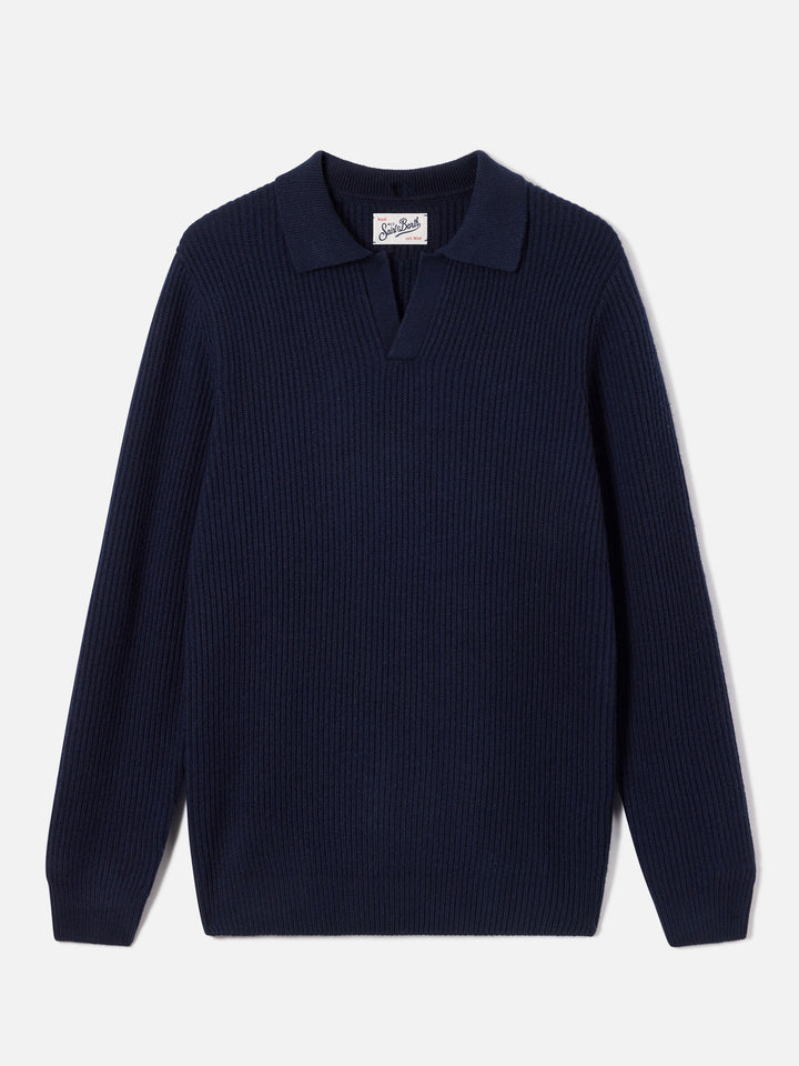 Navy blue Downing Poloshirt aus geripptem Wollstrick 