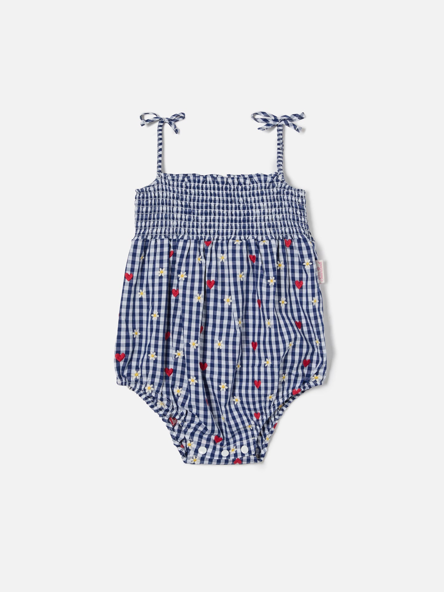 Dudu short romper in yarn dyed vichy with all over embroidery