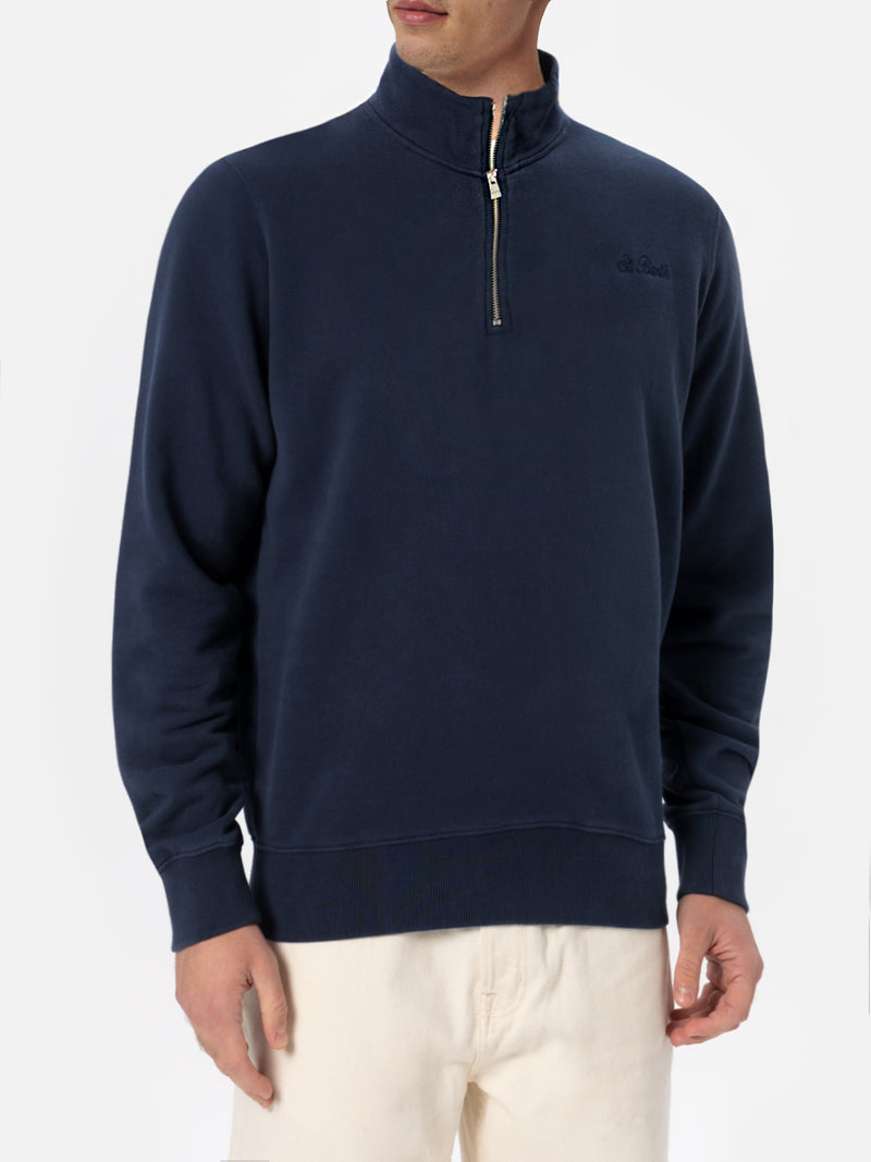 Marineblaues Herren-Sweatshirt Dunkan mit halbem Reißverschluss und St. Barth-Stickerei