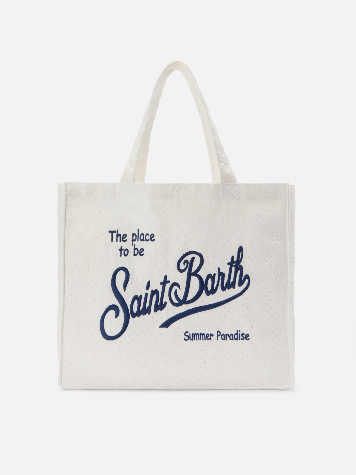 Essential white broderie anglaise cotton tote bag with contrasting logo