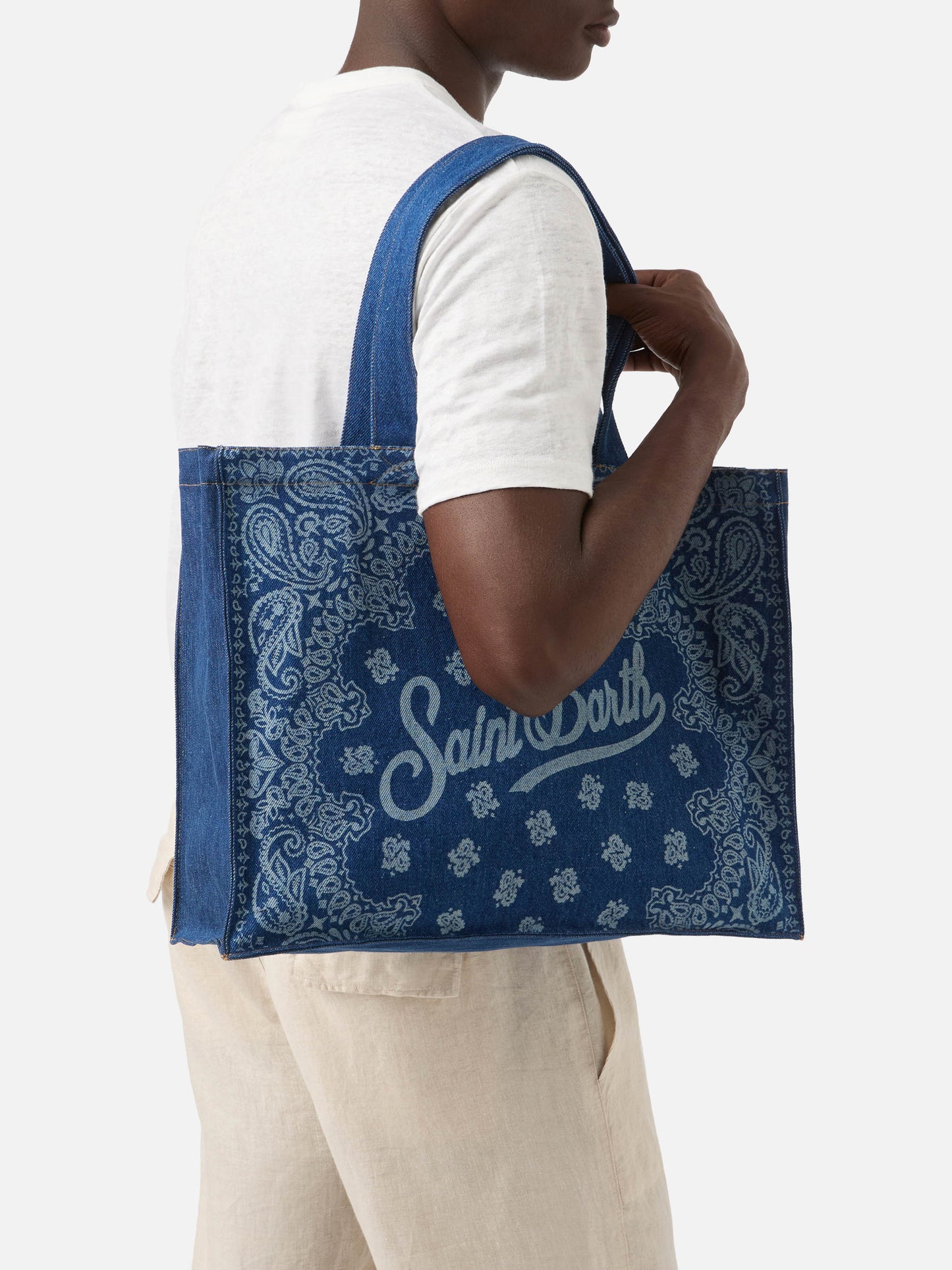 Essential denim tote bag with bandana print and contrasting logo