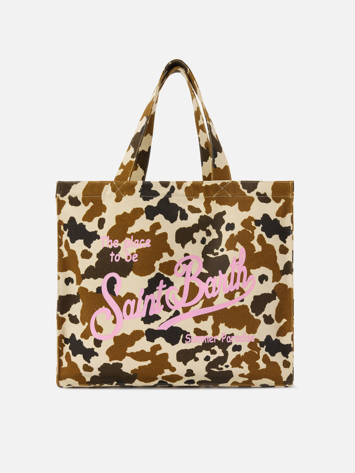 Essential canvas tote bag with cow print and printed logo