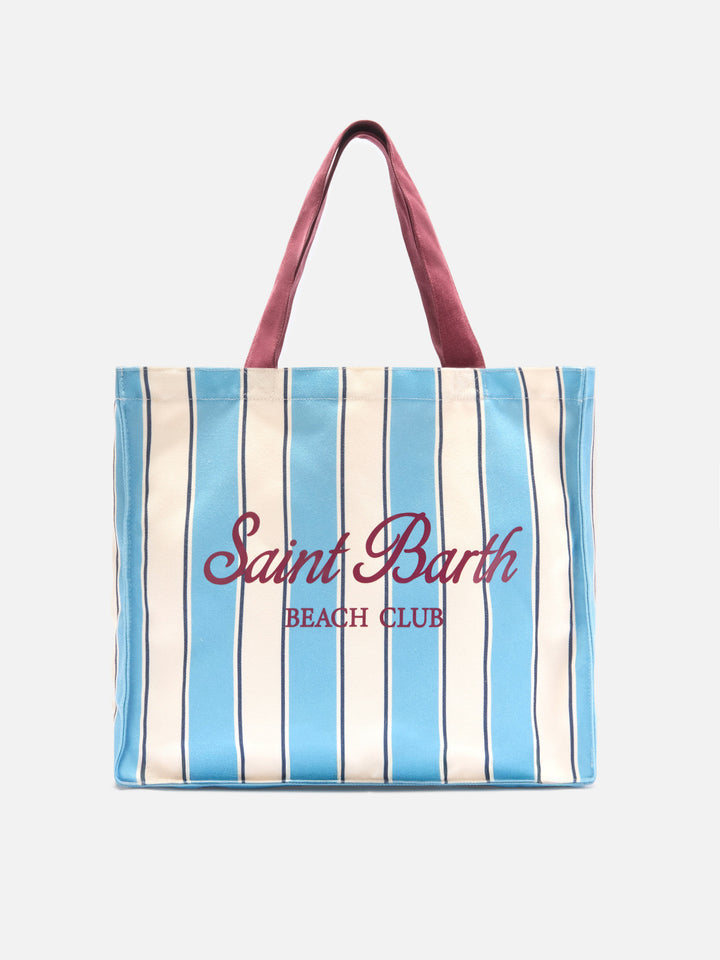 Essential canvas tote bag with light blue and white stripes and contrasting logo