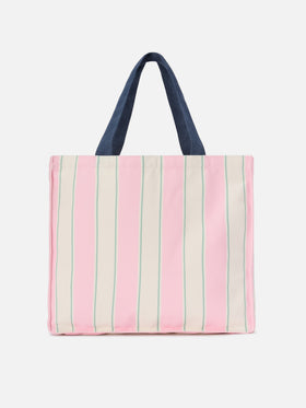 Essential canvas tote bag with pink, green and white stripes and contrasting logo