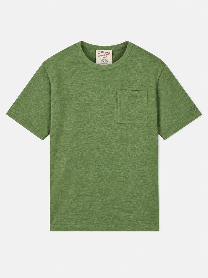 T-shirt Ecstasea verde militare in lino con taschino