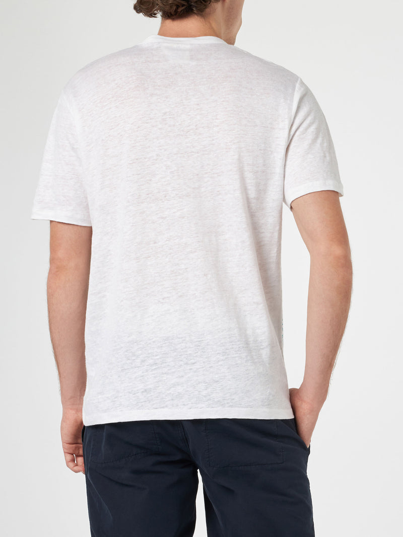 Man linen jersey t-shirt Ecstasea with Cannes placed print and embroidered pocket