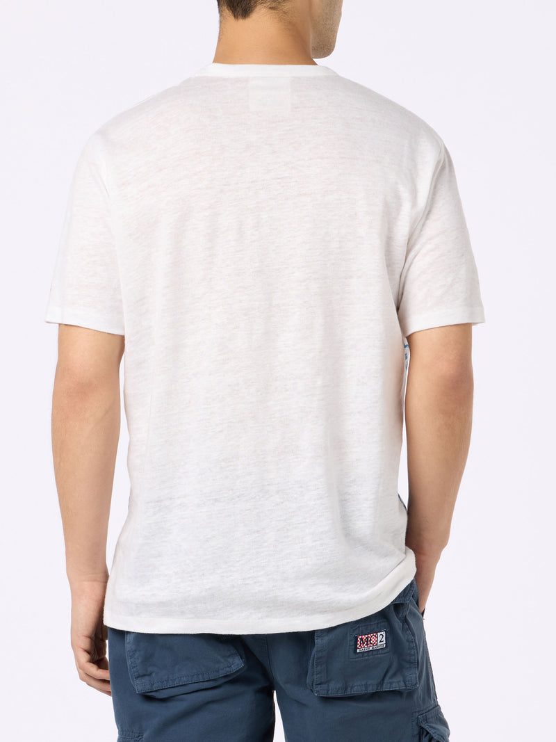 Man linen jersey t-shirt Ecstasea with Portofino placed print and embroidered pocket