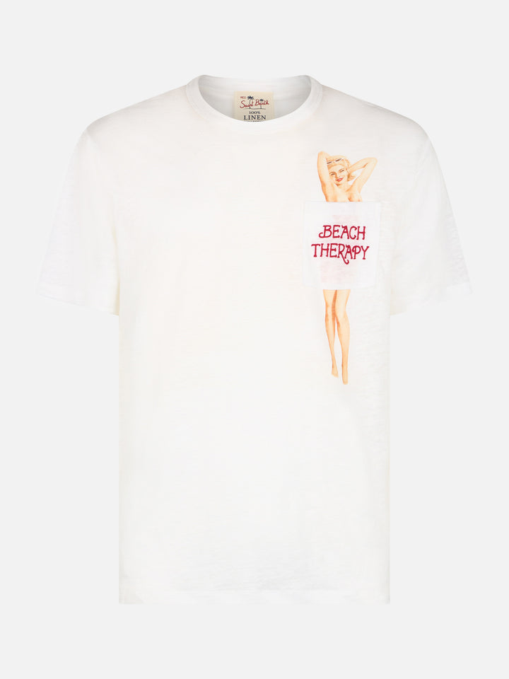 Man linen jersey t-shirt Ecstasea with printed and embroidered pocket - MC2 Saint Barth